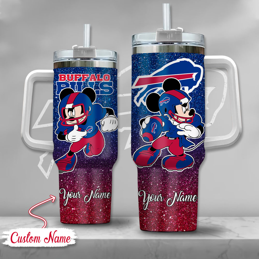Buffalo Bills NFL Mickey Mouse Glitter Custom Stanley Quencher 40oz Stainless Steel Tumbler With Handle