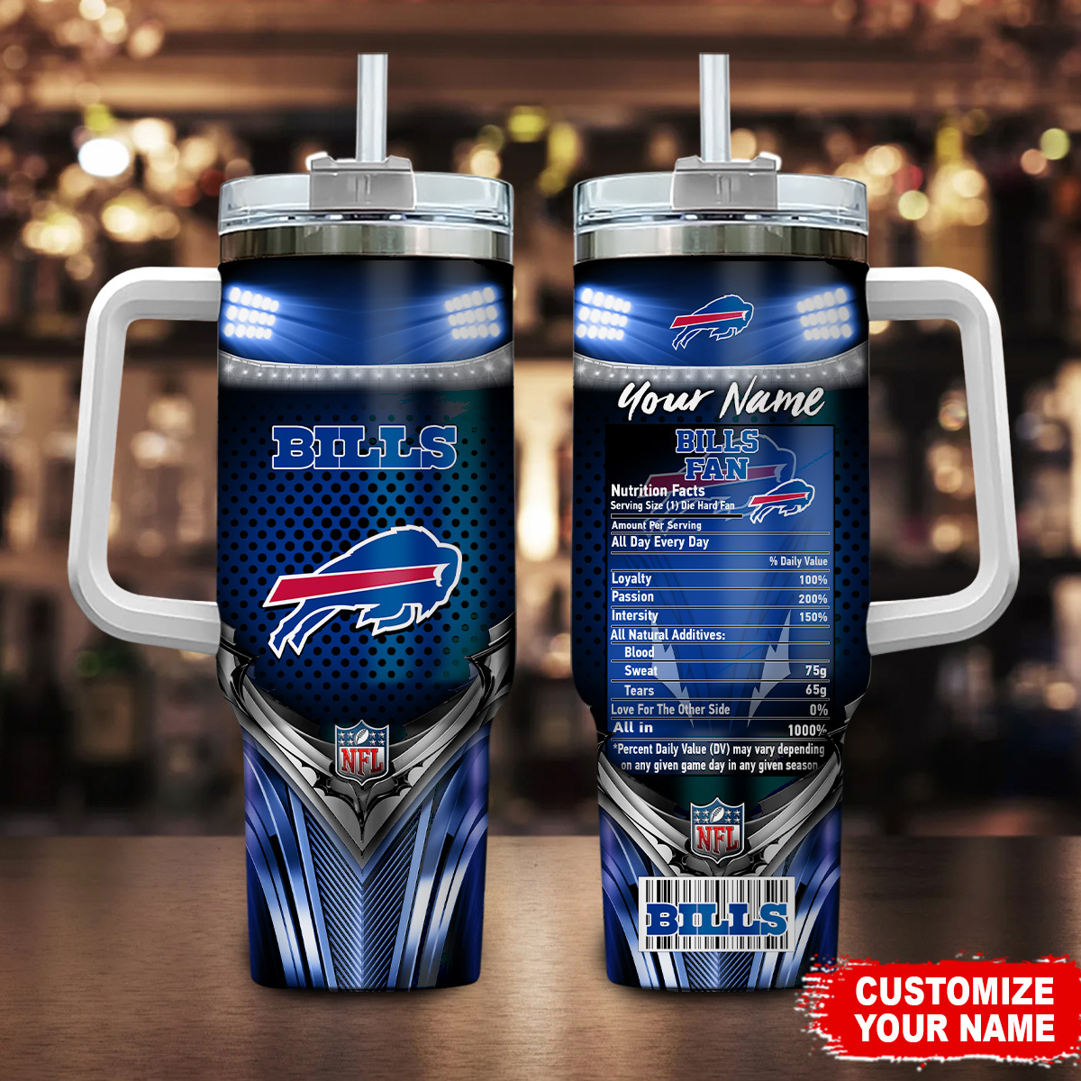 Buffalo Bills NFL Nutrition Facts Custom Stanley Quencher 40oz Stainless Steel Tumbler With Handle