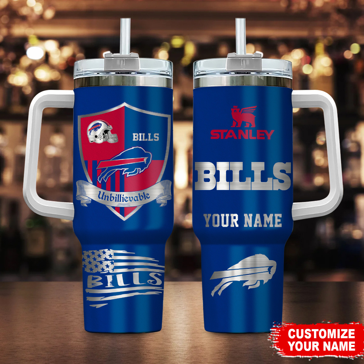 Buffalo Bills NFL Silver Logo Custom Stanley Quencher 40oz Stainless Steel Tumbler With Handle