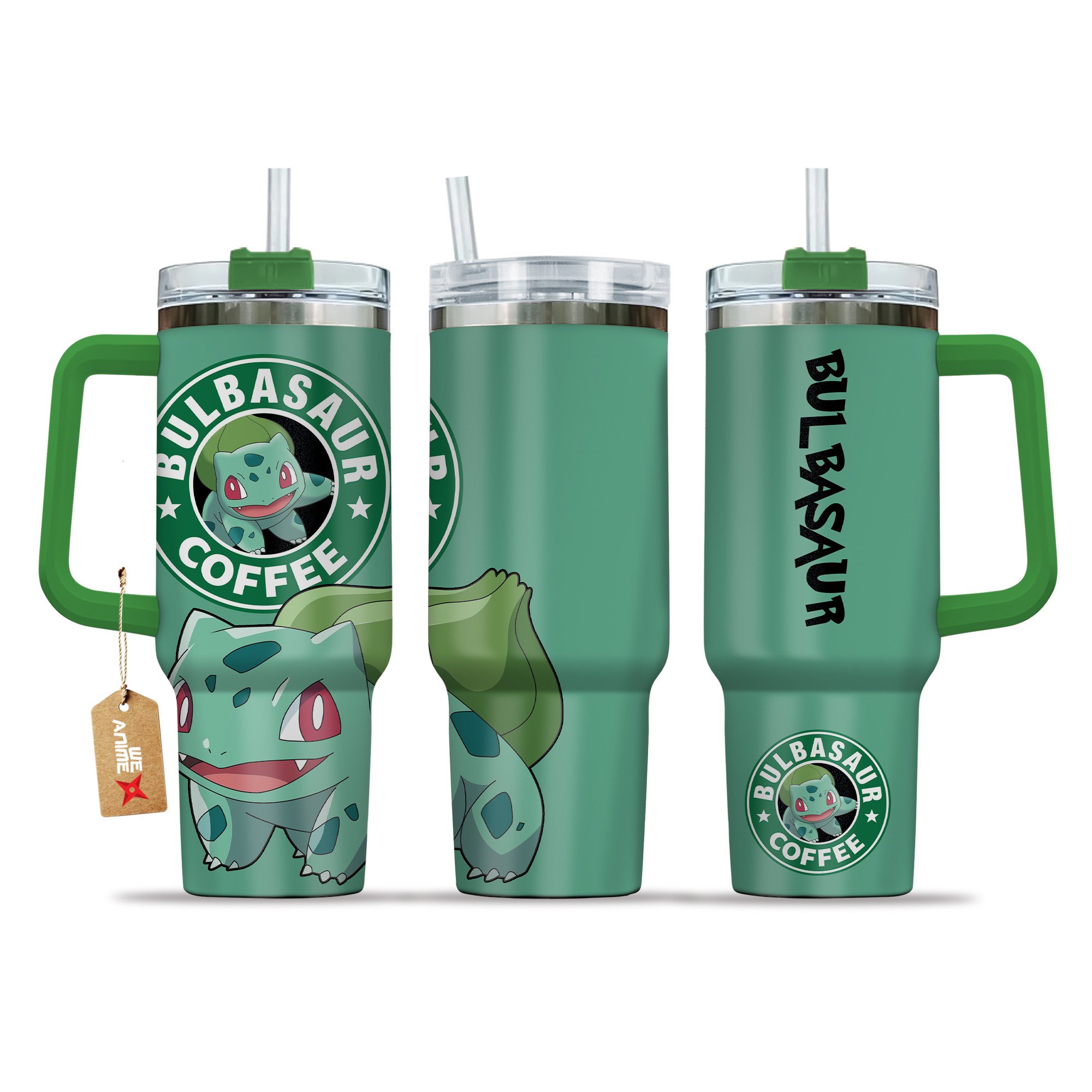 Bulbasaur Coffee Pokemon Anime Custom Stanley Quencher 40oz Stainless Steel Tumbler With Handle