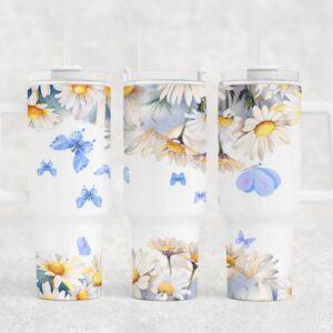 Butterflies and Daisies Custom Stanley Quencher 40oz Stainless Steel Tumbler With Handle
