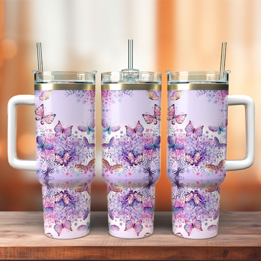 Butterfly Colorful Stanley Custom Stanley Quencher 40oz Stainless Steel Tumbler With Handle