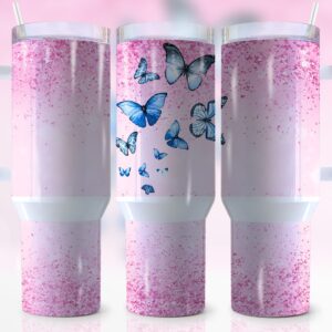 Butterfly Glitter Custom Stanley Quencher 40oz Stainless Steel Tumbler With Handle