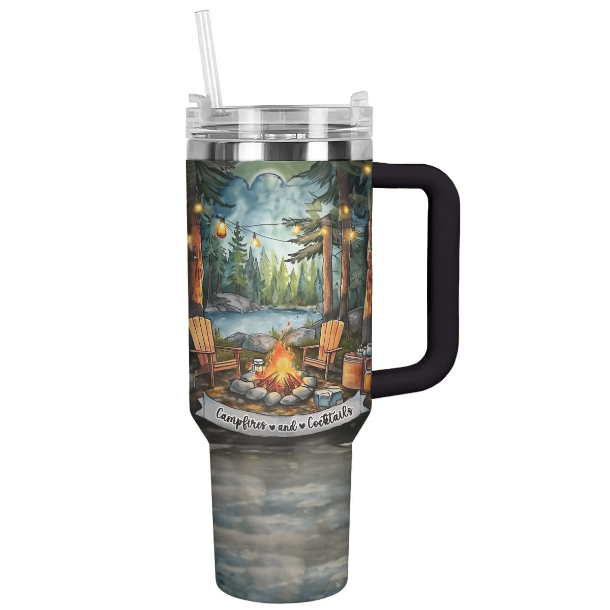 Camping Campfire Custom Stanley Quencher 40oz Stainless Steel Tumbler With Handle