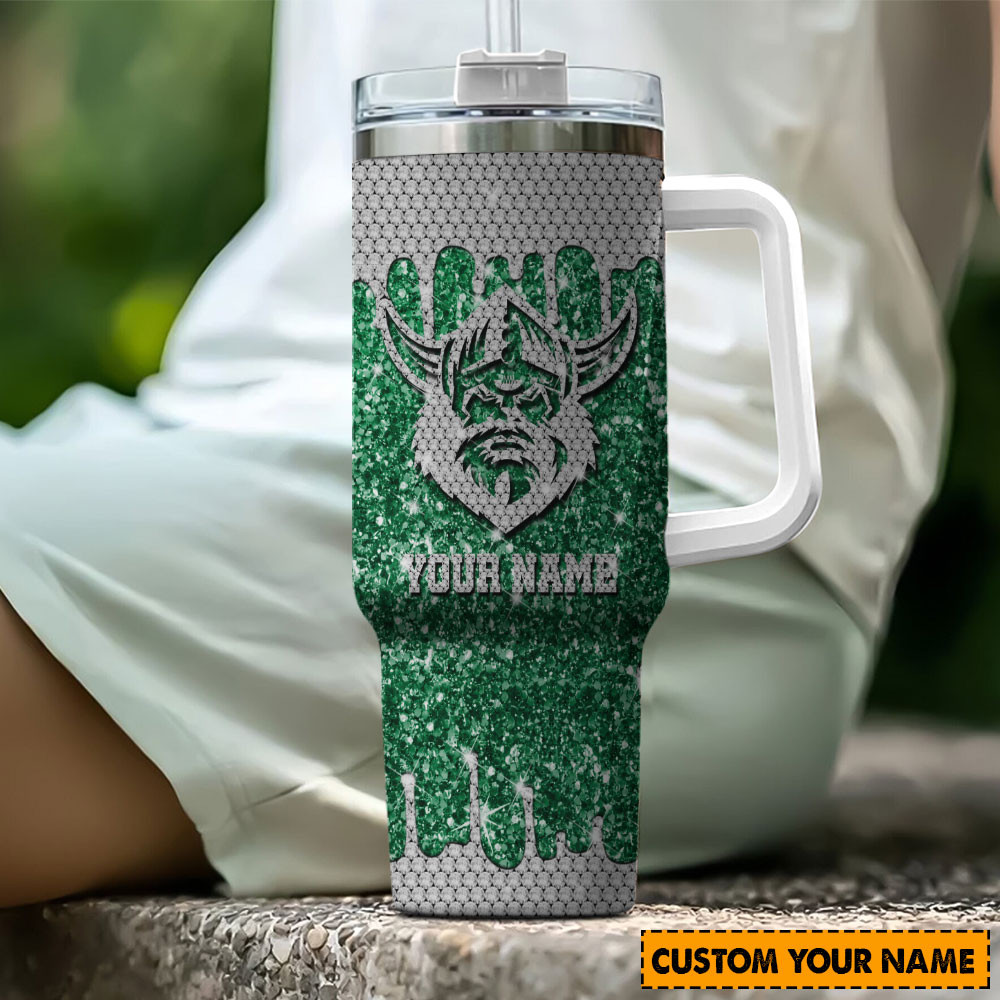 Canberra Raiders NRL Glitter Custom Stanley Quencher 40oz Stainless Steel Tumbler With Handle