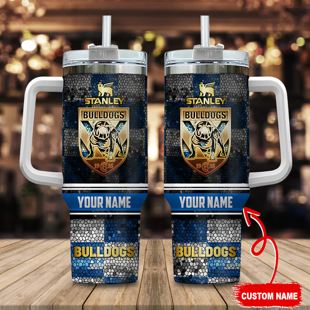 Canterbury-Bankstown Bulldogs NRL Golden Logo Stained Glass Effect Custom Stanley Quencher 40oz Stainless Steel Tumbler With Handle