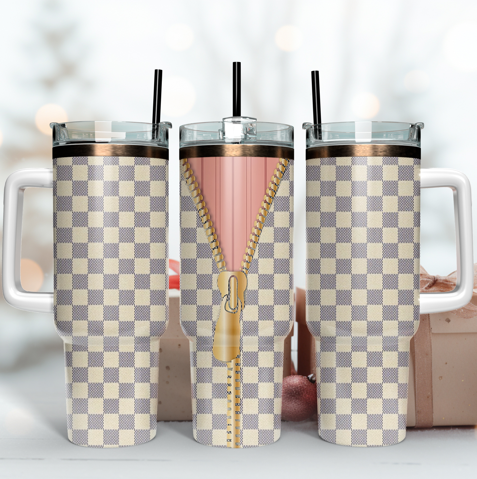 Caro Zipped Pattern Custom Stanley Quencher 40oz Stainless Steel Tumbler With Handle