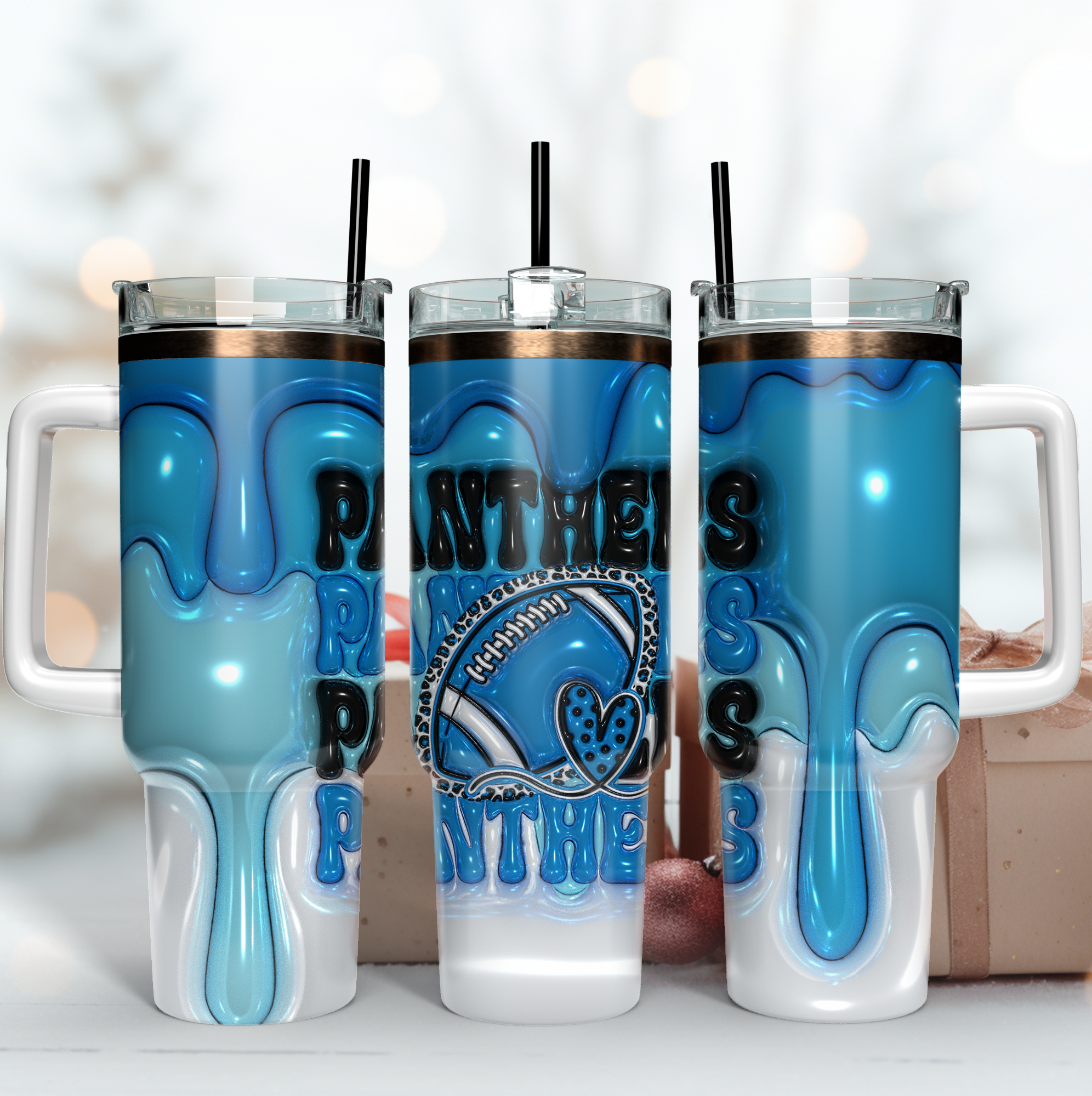 Carolina Panthers NFL 3D Inflated Puff Effect Custom Stanley Quencher 40oz Stainless Steel Tumbler With Handle