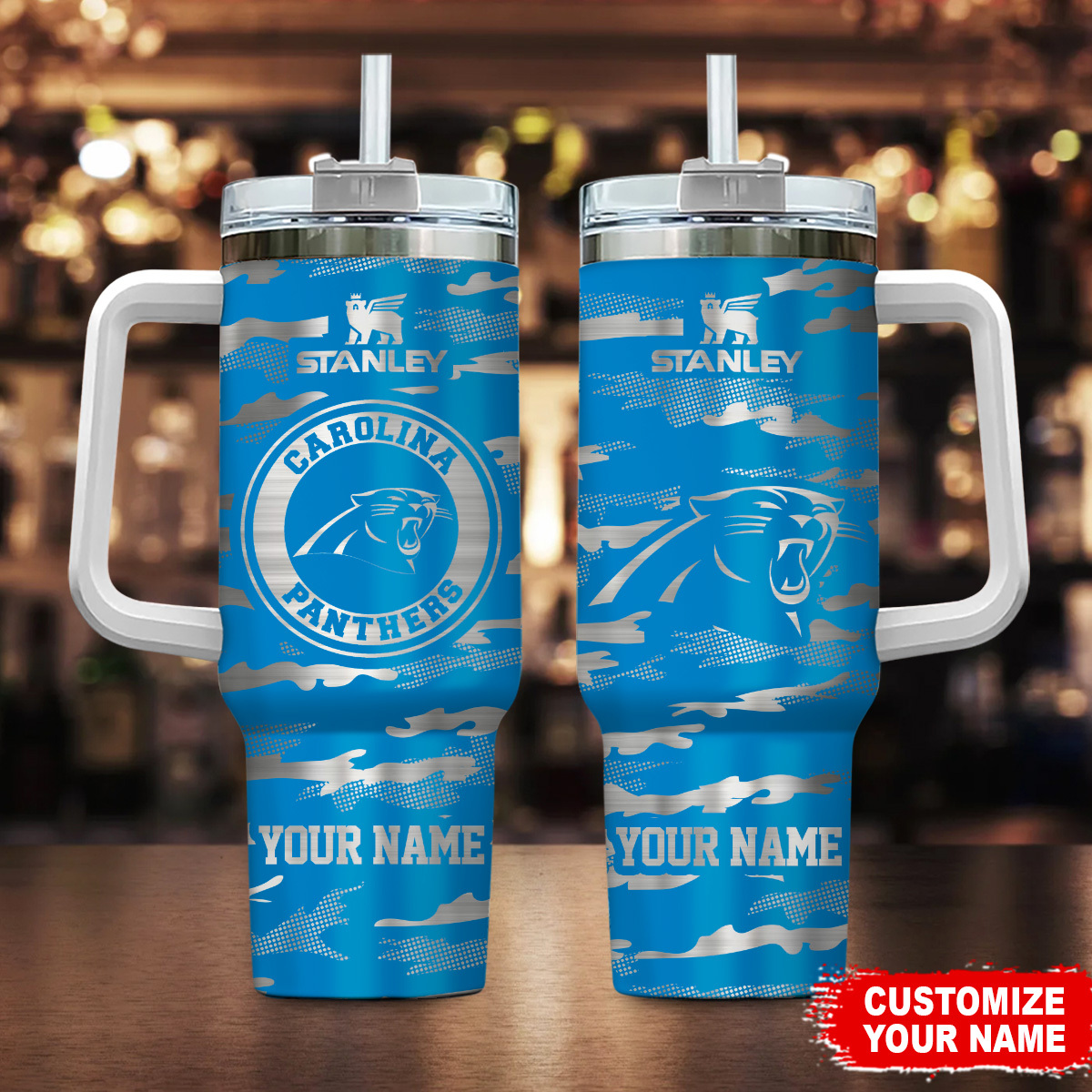 Carolina Panthers NFL Camo Pattern Custom Stanley Quencher 40oz Stainless Steel Tumbler With Handle