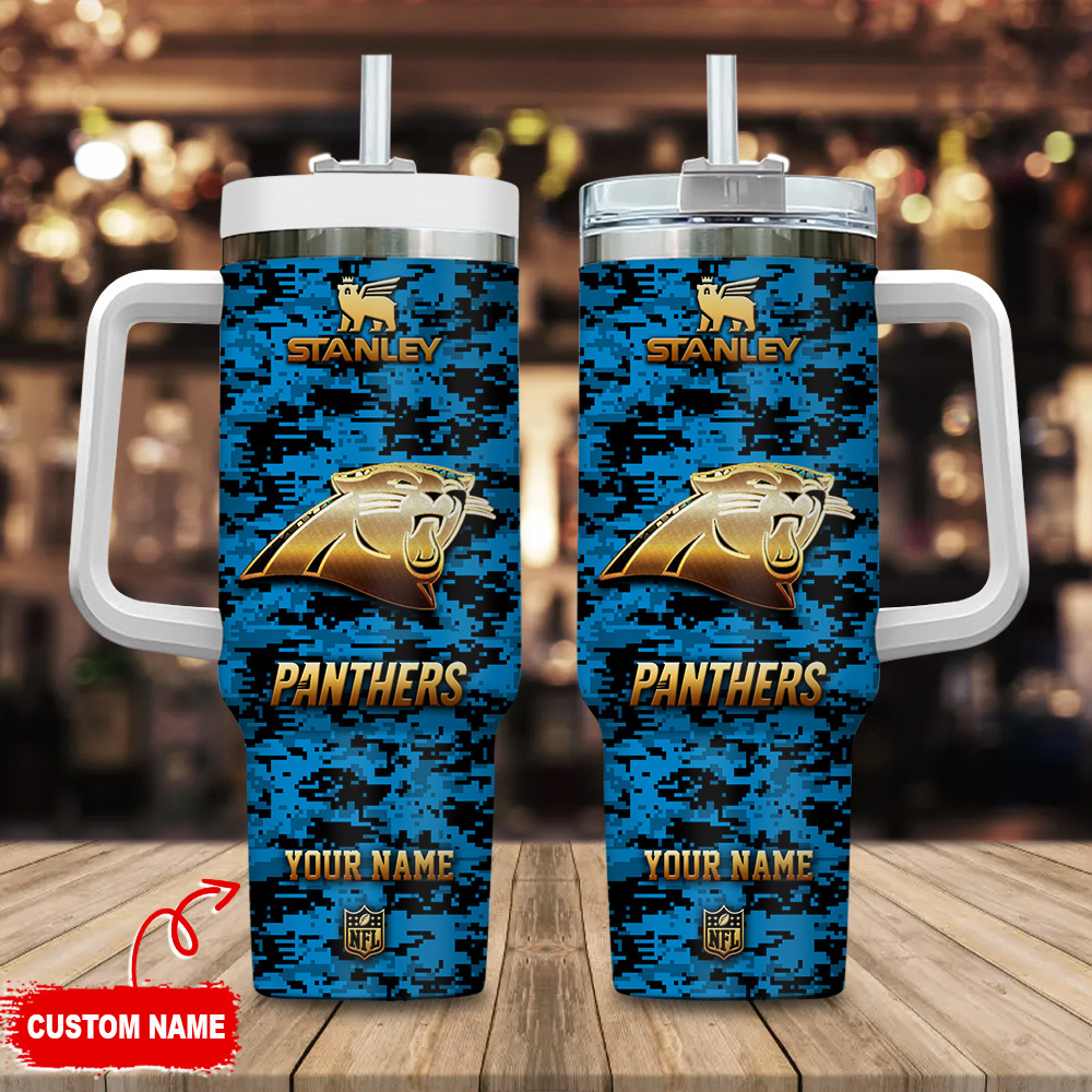 Carolina Panthers NFL Camouflage Golden Logo Custom Stanley Quencher 40oz Stainless Steel Tumbler With Handle