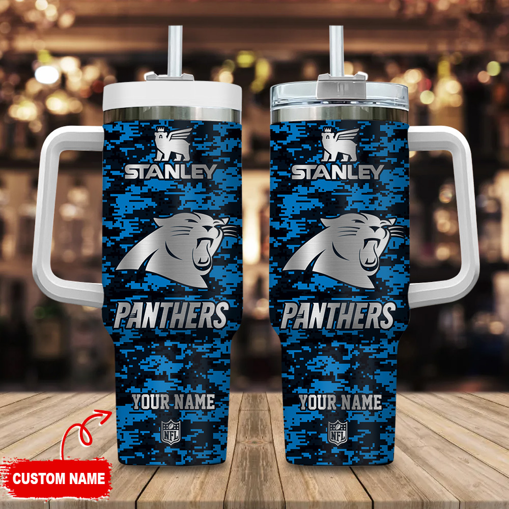 Carolina Panthers NFL Camouflage Silver Logo Custom Stanley Quencher 40oz Stainless Steel Tumbler With Handle