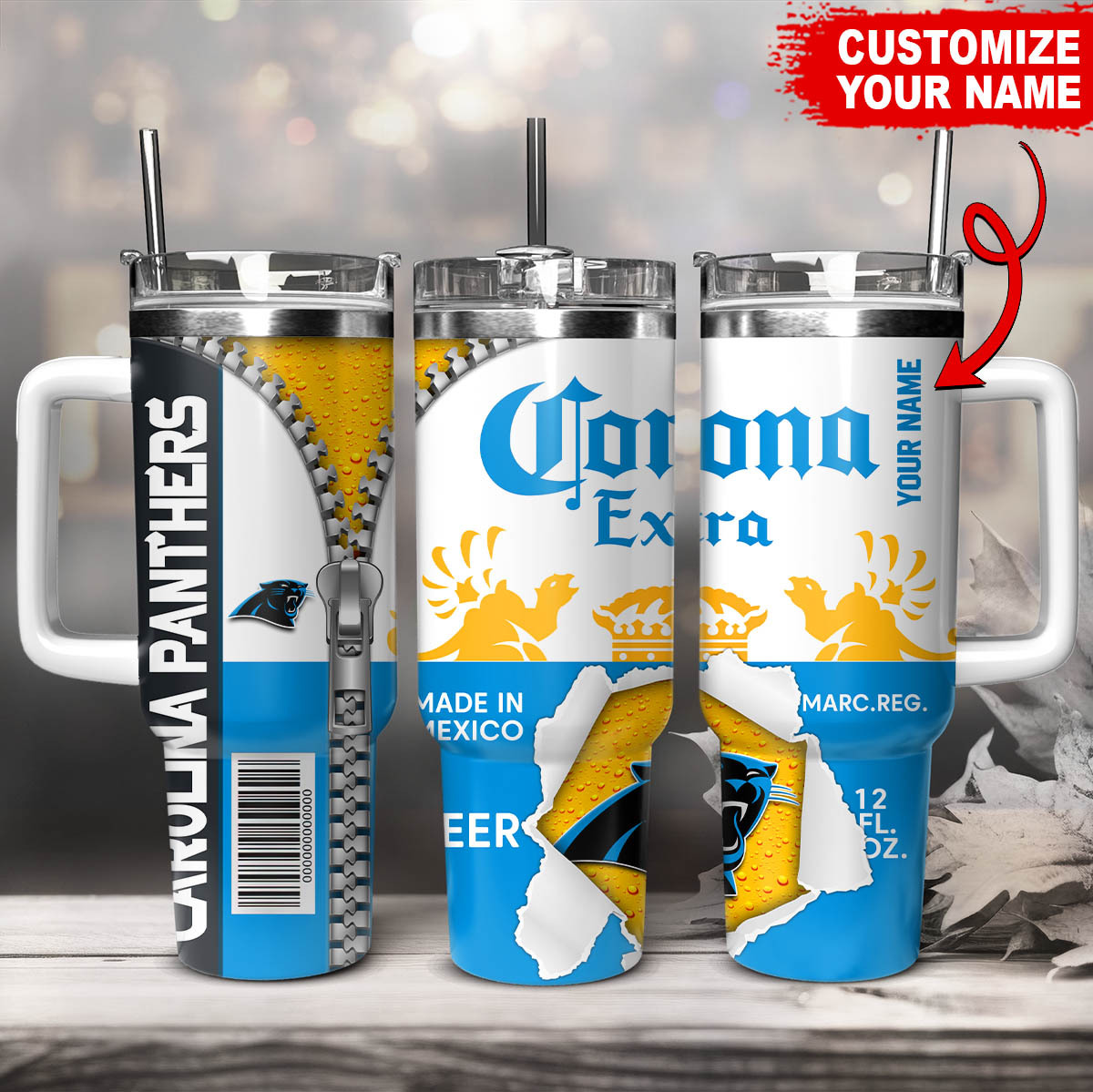 Carolina Panthers NFL Corona Extra Custom Stanley Quencher 40oz Stainless Steel Tumbler With Handle