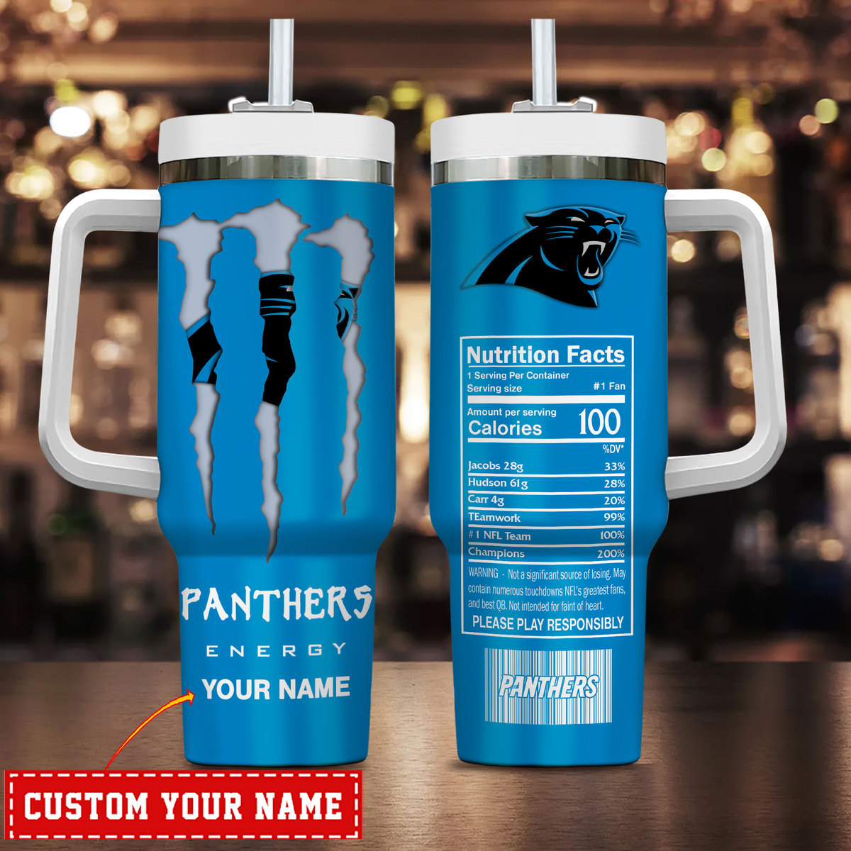 Carolina Panthers NFL Energy Nutrition Facts Custom Stanley Quencher 40oz Stainless Steel Tumbler With Handle