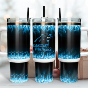 Carolina Panthers NFL Fire Effect Custom Stanley Quencher 40oz Stainless Steel Tumbler With Handle