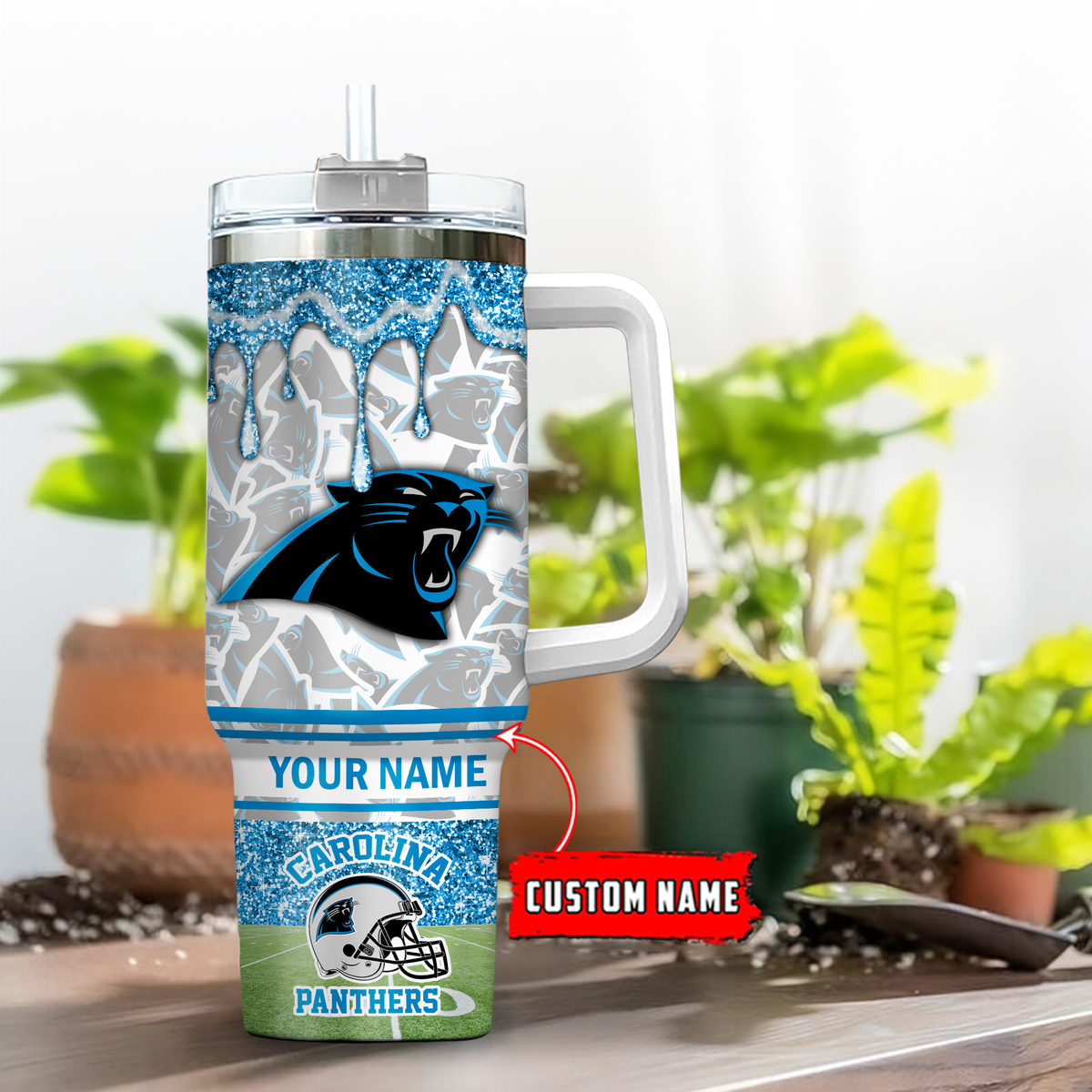 Carolina Panthers NFL Glitter Custom Stanley Quencher 40oz Stainless Steel Tumbler With Handle