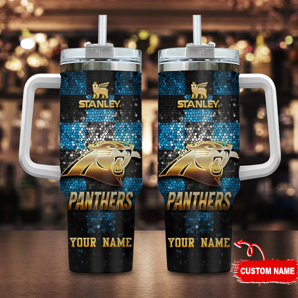 Carolina Panthers NFL Glitter Golden Logo Custom Stanley Quencher 40oz Stainless Steel Tumbler With Handle