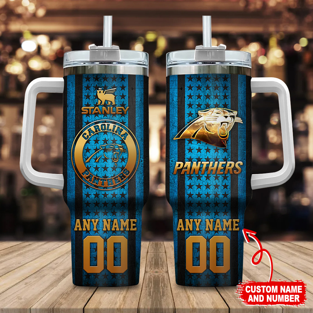 Carolina Panthers NFL Golden Logos US Flag Custom Stanley Quencher 40oz Stainless Steel Tumbler With Handle