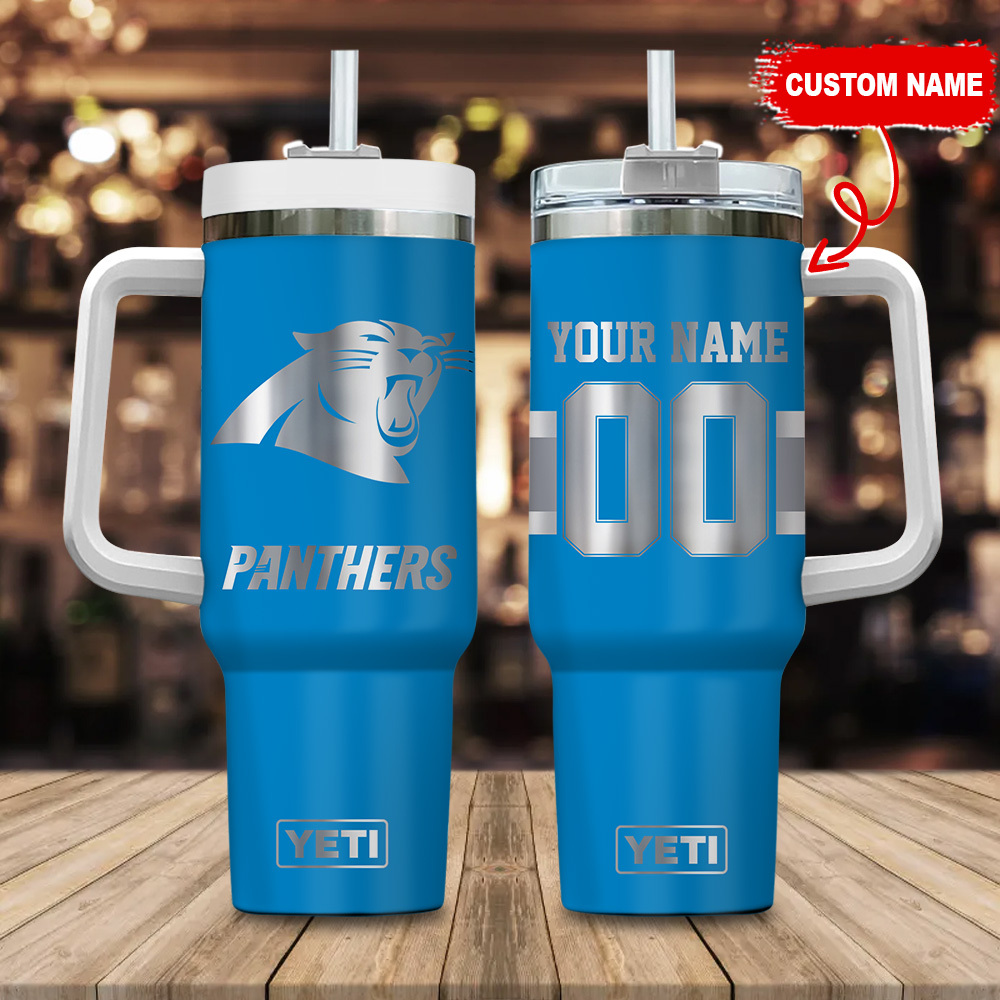 Carolina Panthers NFL Laser Engraved Effect Custom Stanley Quencher 40oz Stainless Steel Tumbler With Handle
