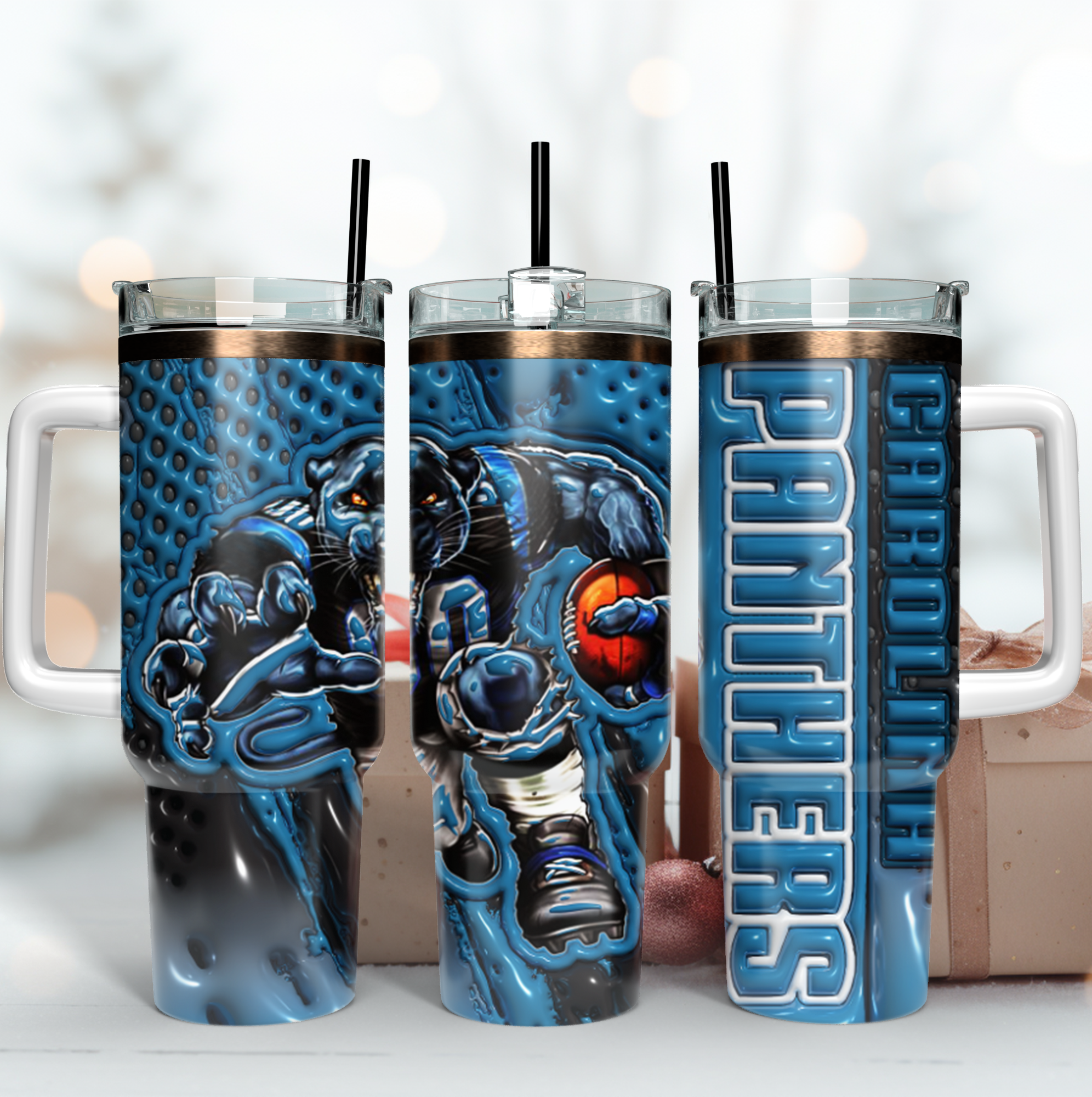 Carolina Panthers NFL Mascot Custom Stanley Quencher 40oz Stainless Steel Tumbler With Handle