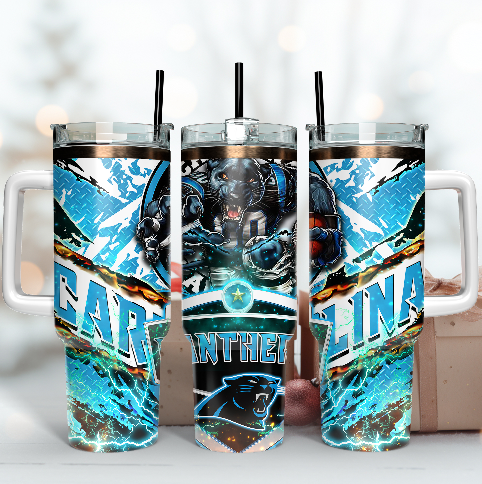 Carolina Panthers NFL Mascot Custom Stanley Quencher 40oz Stainless Steel Tumbler With Handle