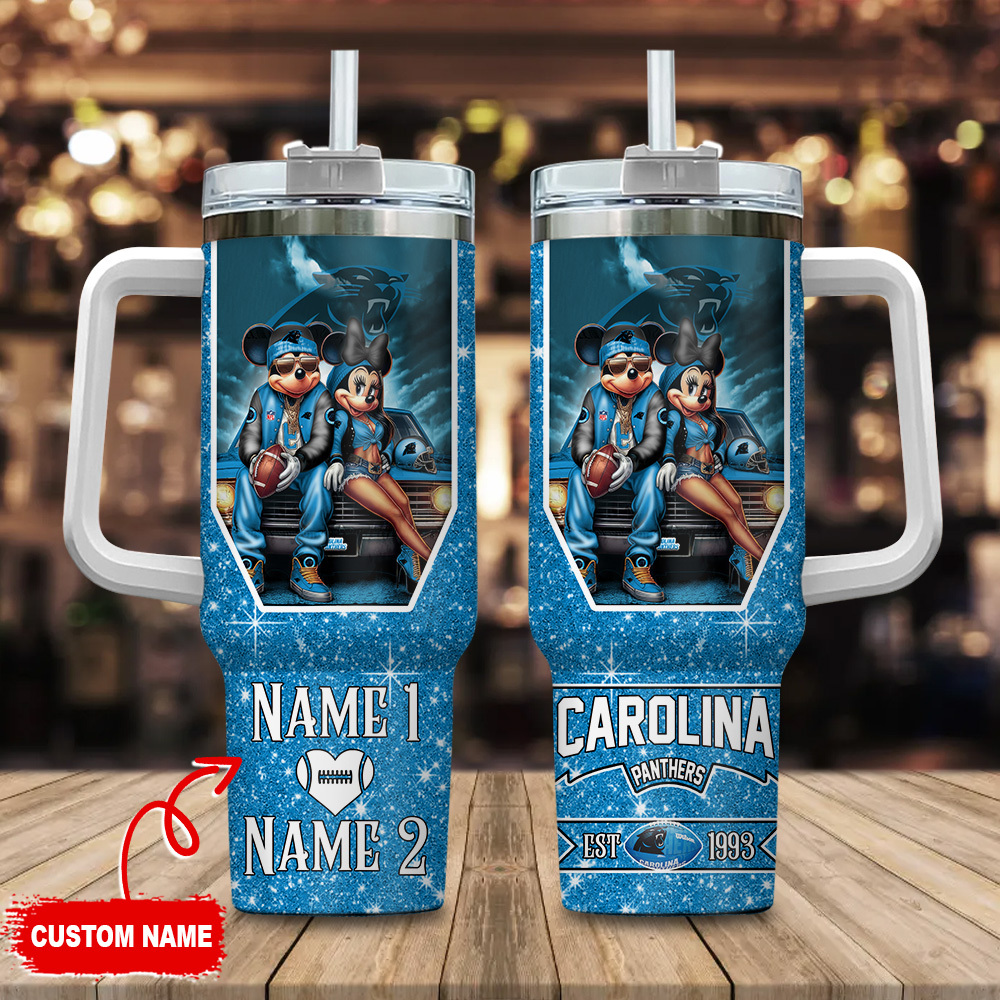 Carolina Panthers NFL Mickey And Minnie Couple Custom Stanley Quencher 40oz Stainless Steel Tumbler With Handle