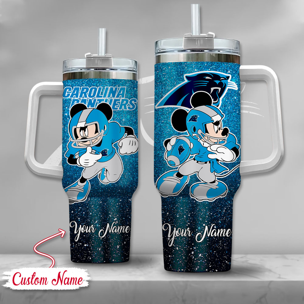 Carolina Panthers NFL Mickey Mouse Glitter Custom Stanley Quencher 40oz Stainless Steel Tumbler With Handle