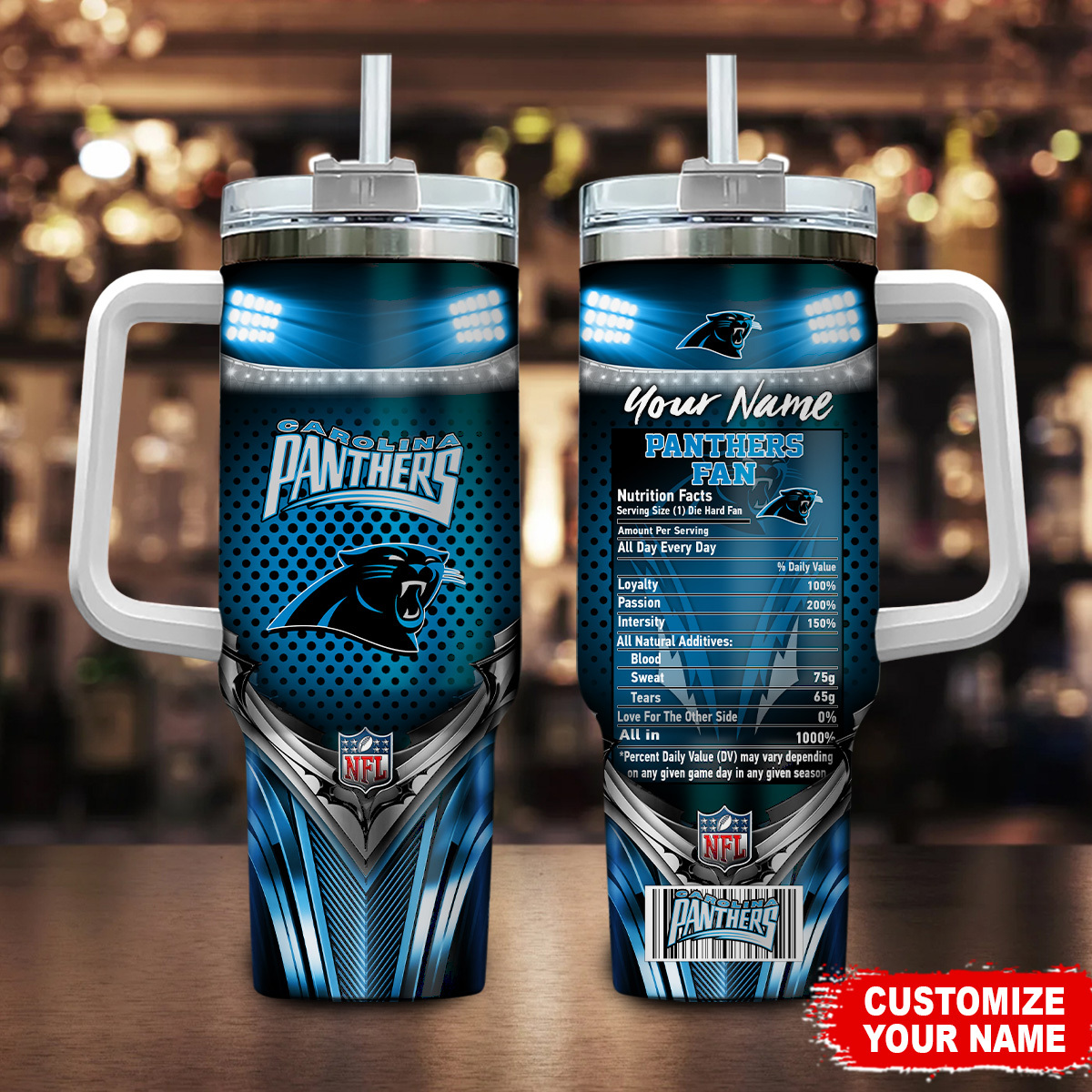 Carolina Panthers NFL Nutrition Facts Custom Stanley Quencher 40oz Stainless Steel Tumbler With Handle
