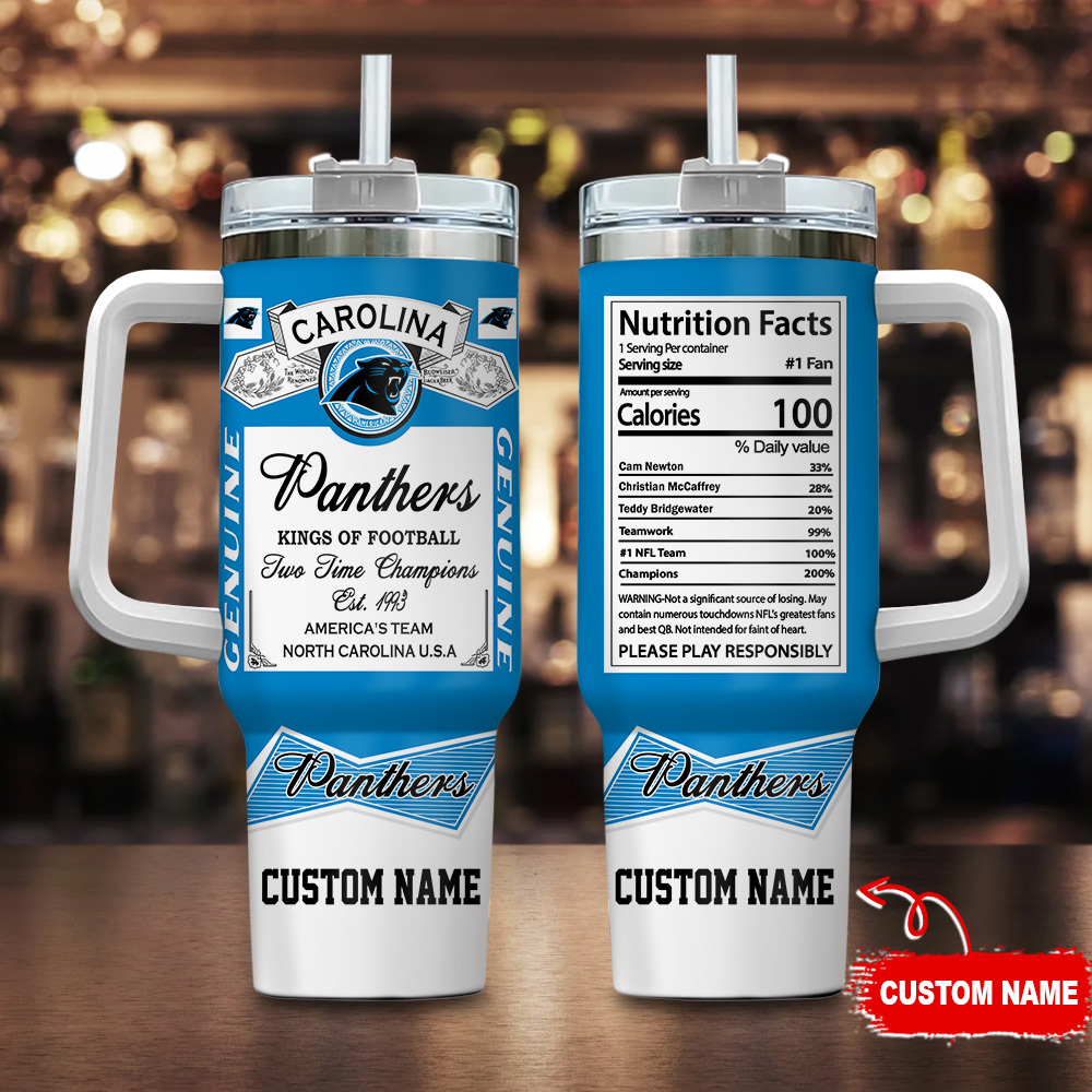 Carolina Panthers NFL Nutrition Facts Custom Stanley Quencher 40oz Stainless Steel Tumbler With Handle