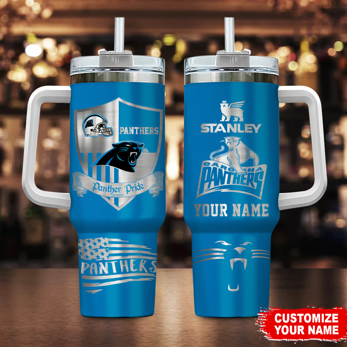 Carolina Panthers NFL Silver Logo Custom Stanley Quencher 40oz Stainless Steel Tumbler With Handle