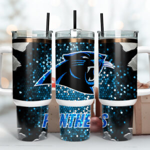 Carolina Panthers NFL Stained Glass Effect Custom Stanley Quencher 40oz Stainless Steel Tumbler With Handle