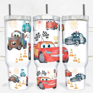 Cars Lightning McQueen And Friends Disney Cartoon Custom Stanley Quencher 40oz Stainless Steel Tumbler With Handle