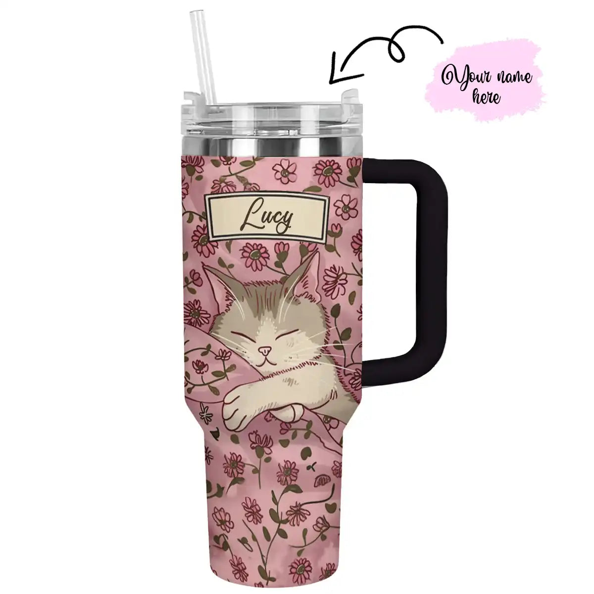 Cat Custom Stanley Quencher 40oz Stainless Steel Tumbler With Handle