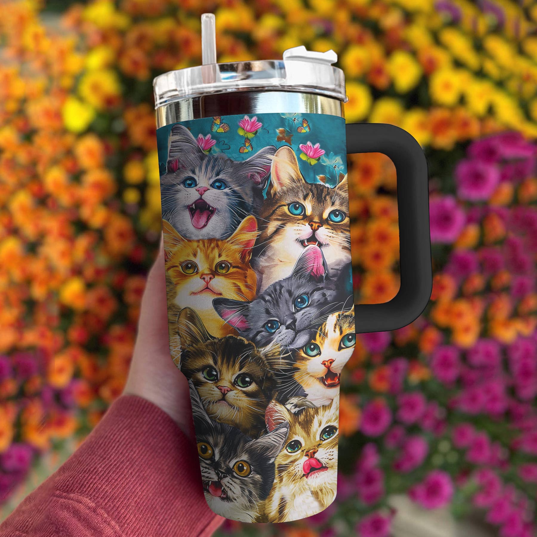 Cat Custom Stanley Quencher 40oz Stainless Steel Tumbler With Handle
