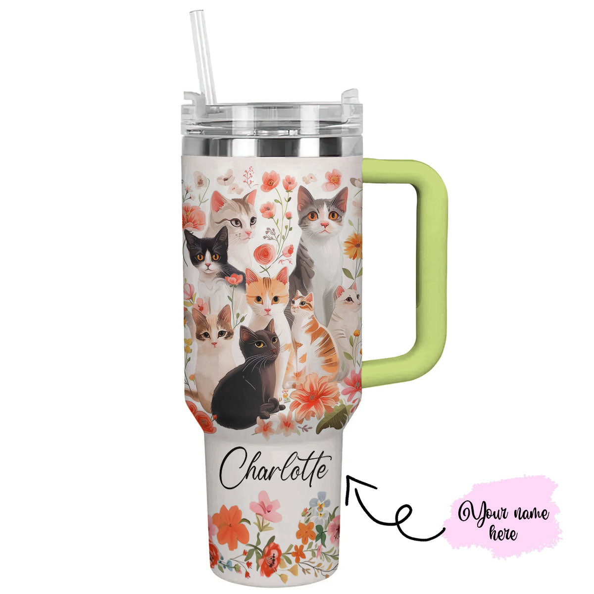 Cat Custom Stanley Quencher 40oz Stainless Steel Tumbler With Handle