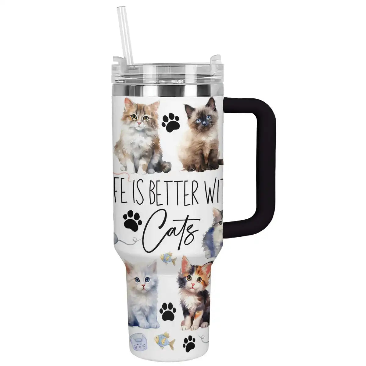 Cat Custom Stanley Quencher 40oz Stainless Steel Tumbler With Handle