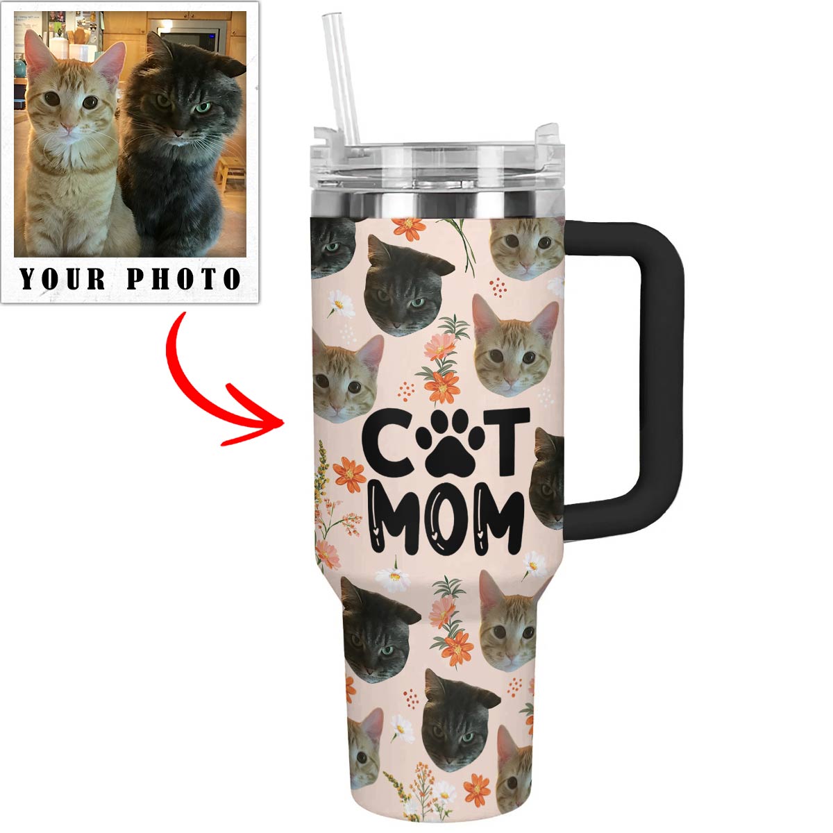 Cat Custom Stanley Quencher 40oz Stainless Steel Tumbler With Handle