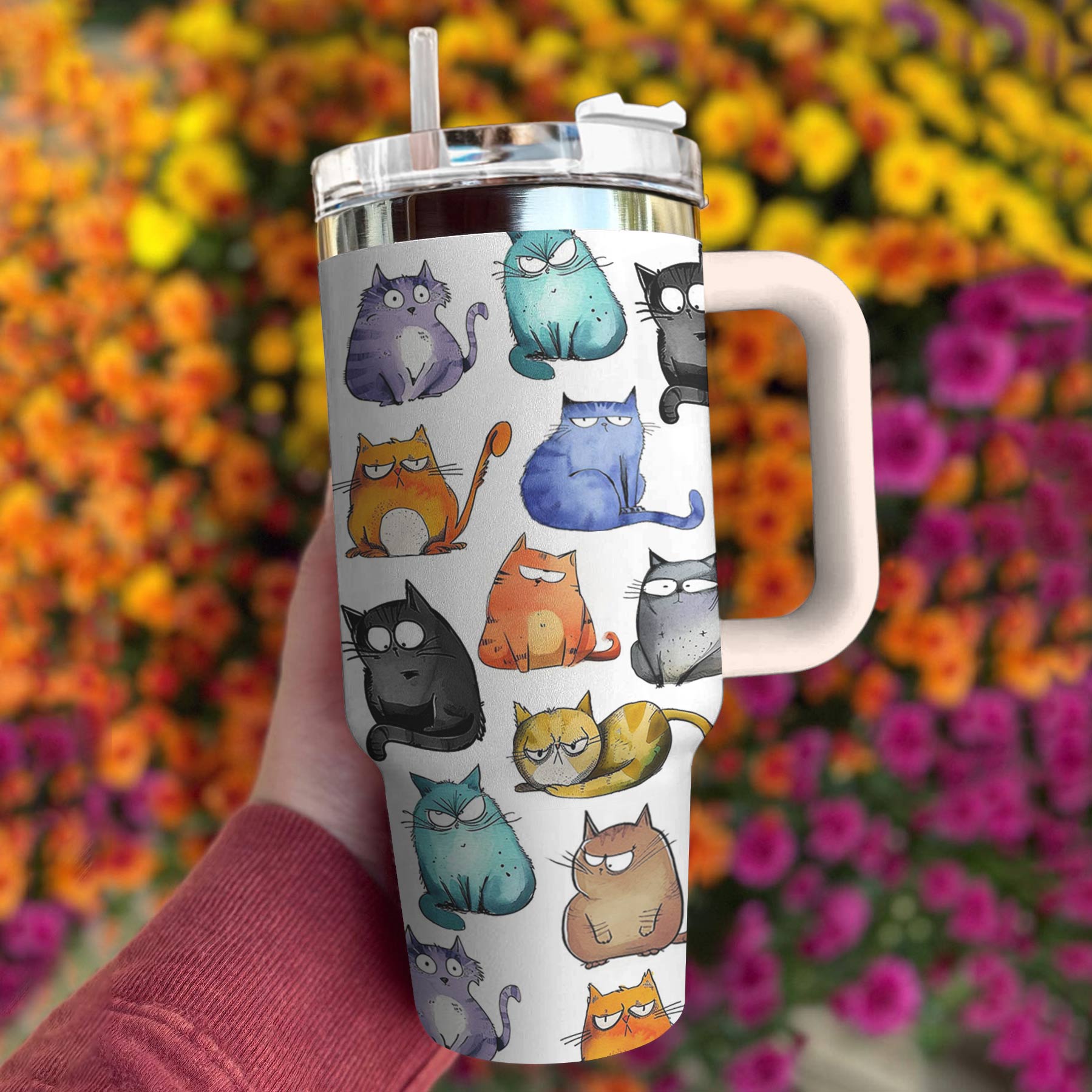 Cat Custom Stanley Quencher 40oz Stainless Steel Tumbler With Handle