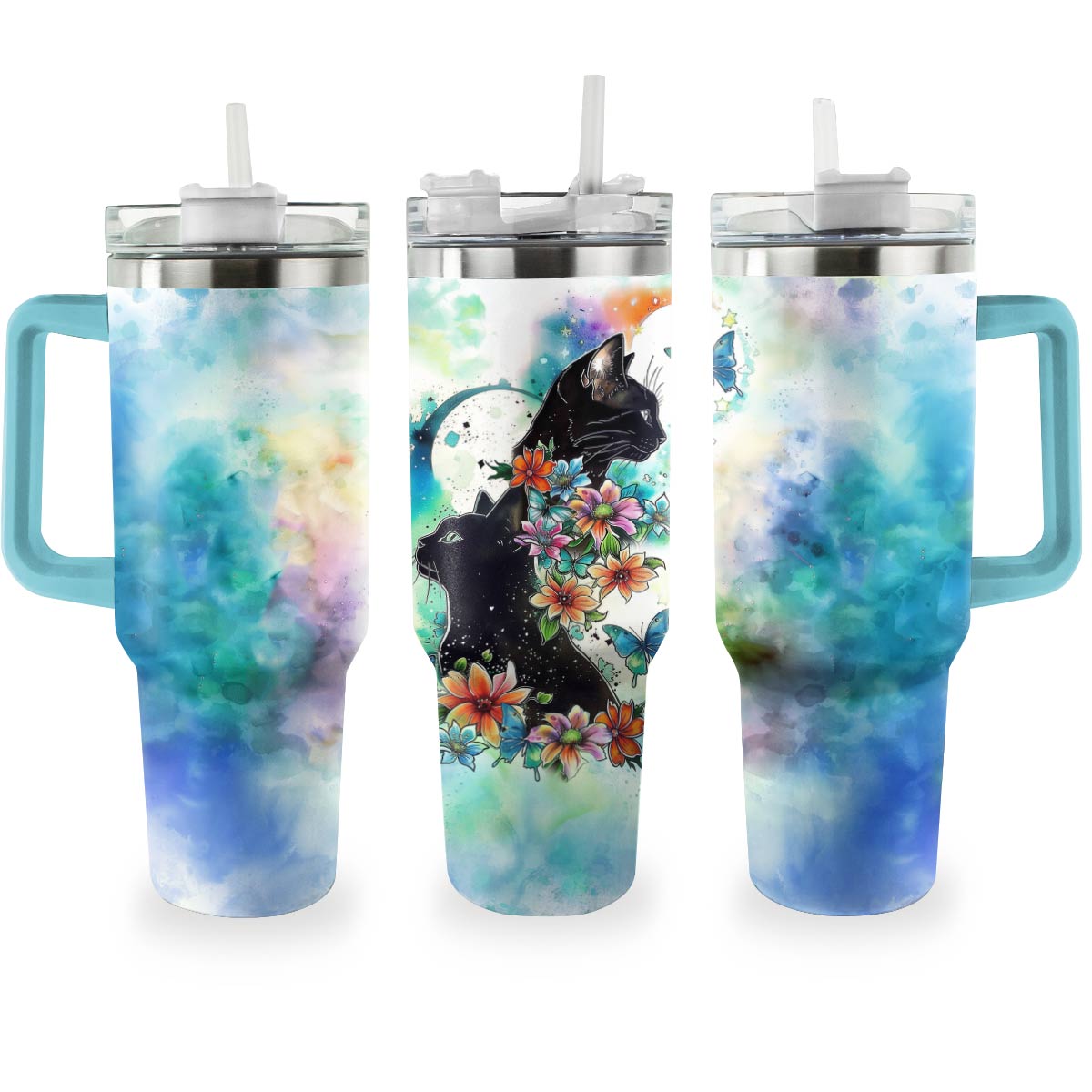 Cat Flower Custom Stanley Quencher 40oz Stainless Steel Tumbler With Handle