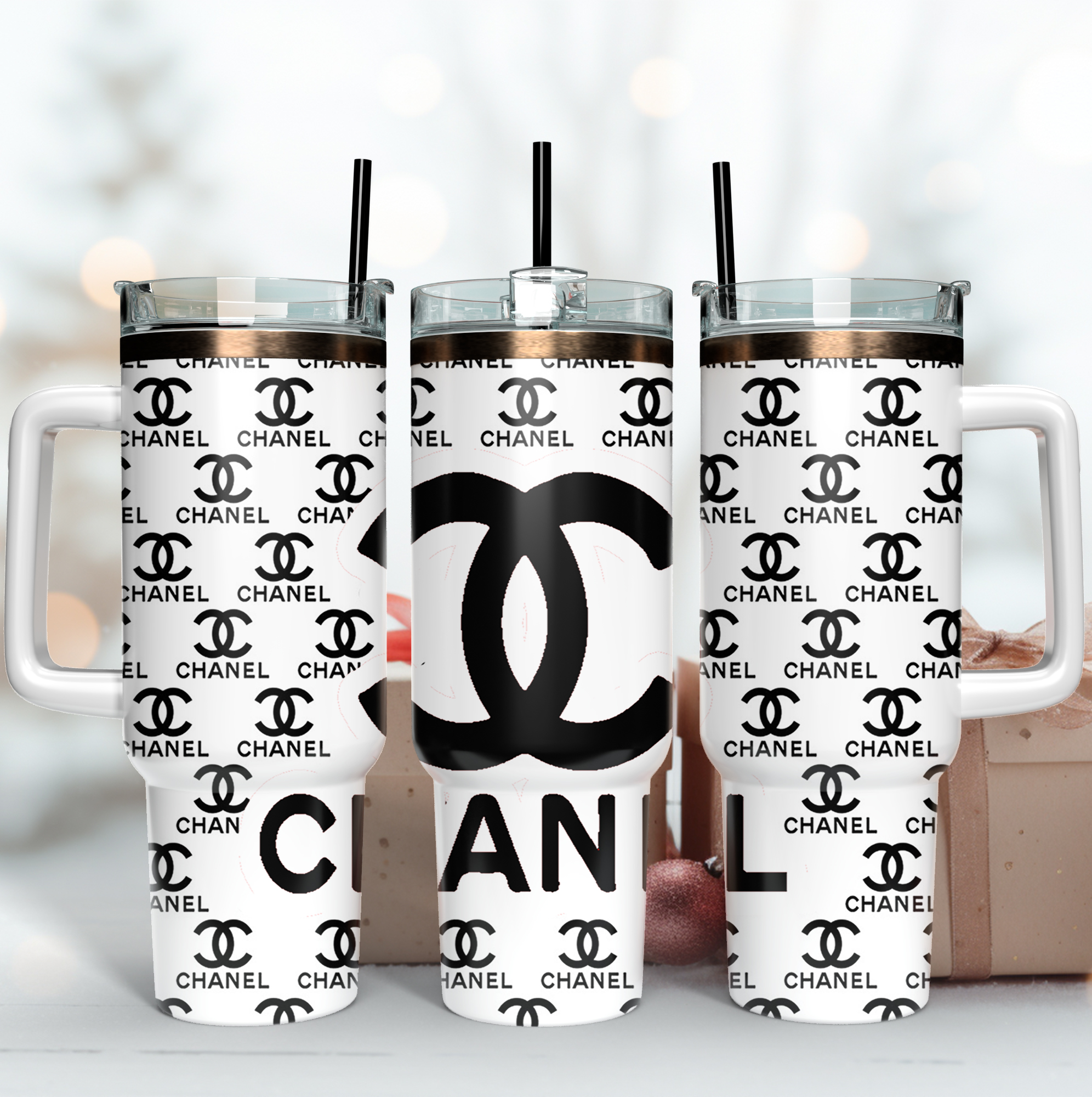 Chanel Black and White Logo Custom Stanley Quencher 40oz Stainless Steel Tumbler With Handle