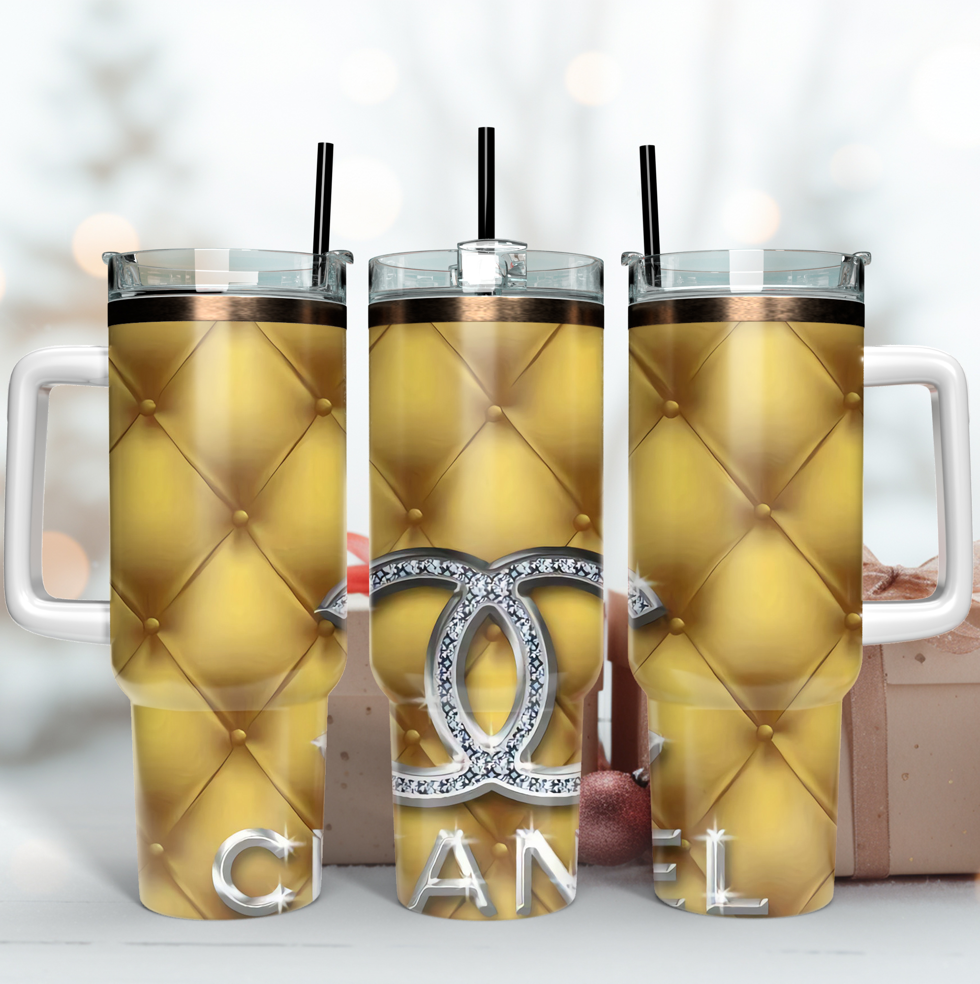 Chanel Glitter Logo Custom Stanley Quencher 40oz Stainless Steel Tumbler With Handle