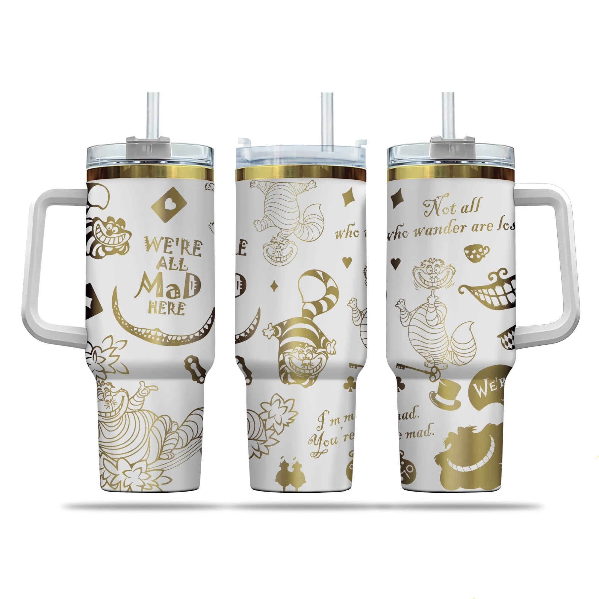 Cheshire Cat Cartoon Custom Stanley Quencher 40oz Stainless Steel Tumbler With Handle