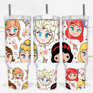 Chibi Disney Princesses Cartoon Custom Stanley Quencher 40oz Stainless Steel Tumbler With Handle