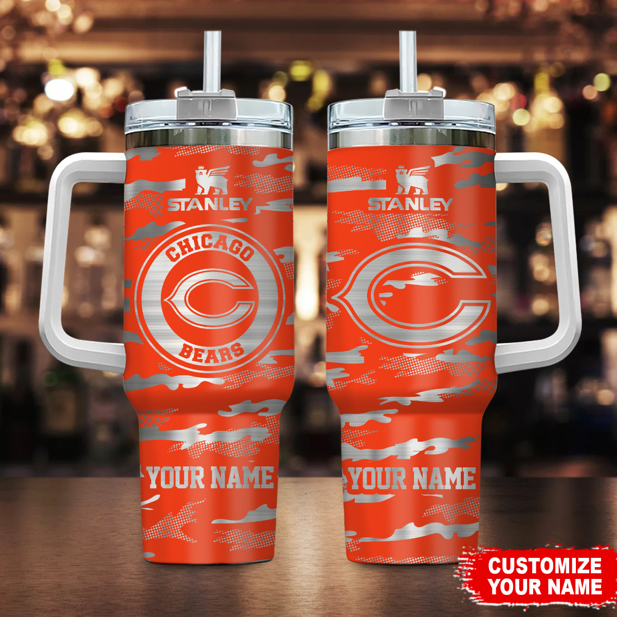 Chicago Bears NFL Camo Pattern Custom Stanley Quencher 40oz Stainless Steel Tumbler With Handle