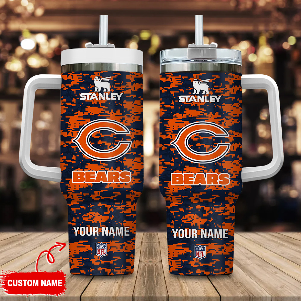 Chicago Bears NFL Camouflage Custom Stanley Quencher 40oz Stainless Steel Tumbler With Handle