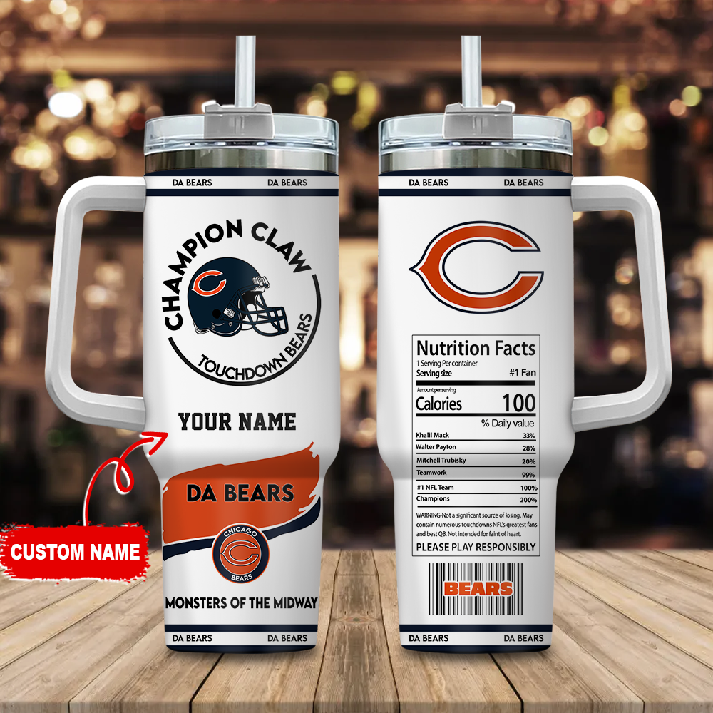 Chicago Bears NFL Champion Claw Custom Stanley Quencher 40oz Stainless Steel Tumbler With Handle