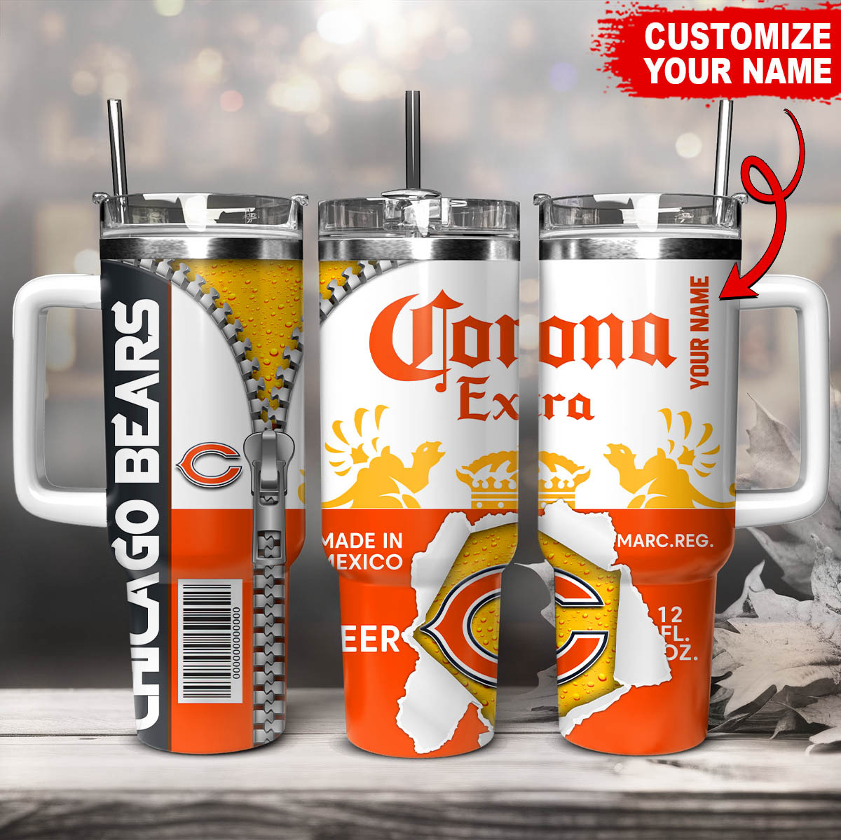 Chicago Bears NFL Corona Extra Custom Stanley Quencher 40oz Stainless Steel Tumbler With Handle