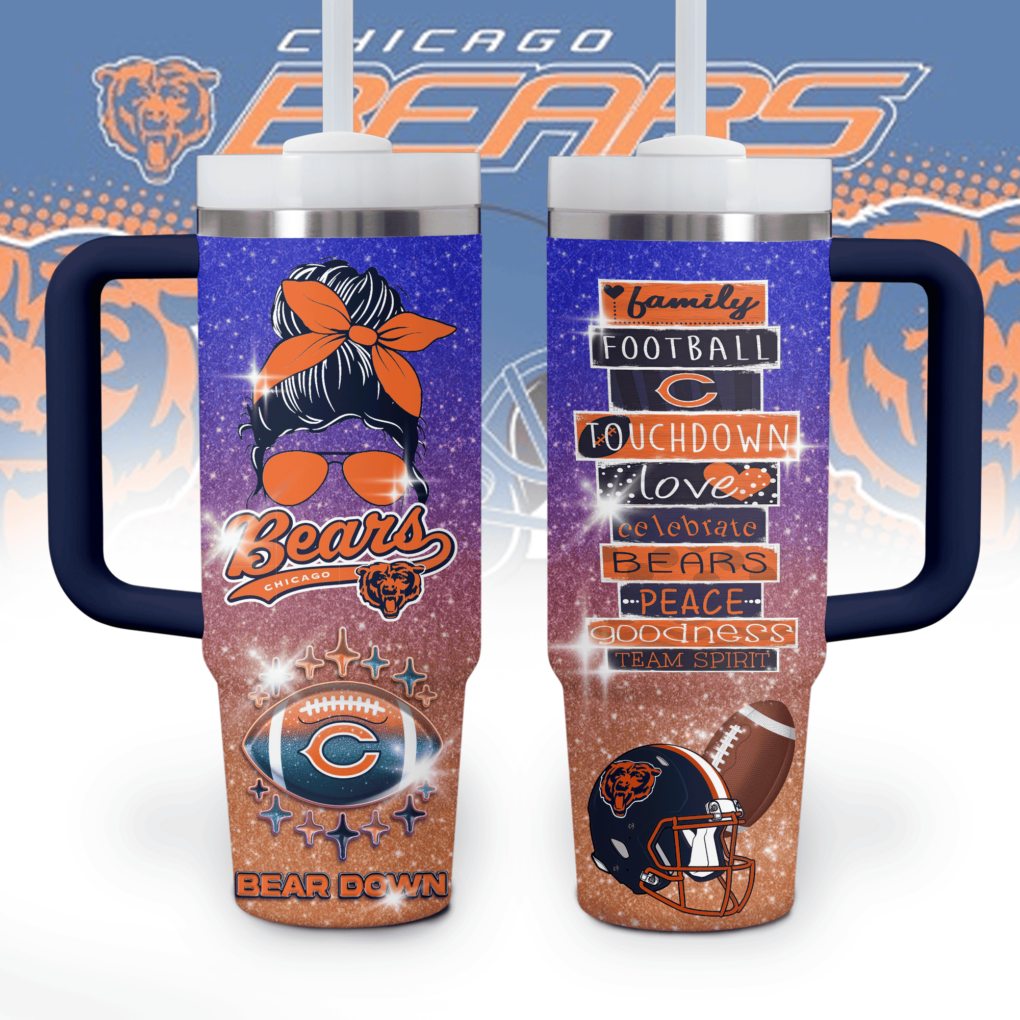 Chicago Bears NFL Custom Stanley Quencher 40oz Stainless Steel Tumbler With Handle
