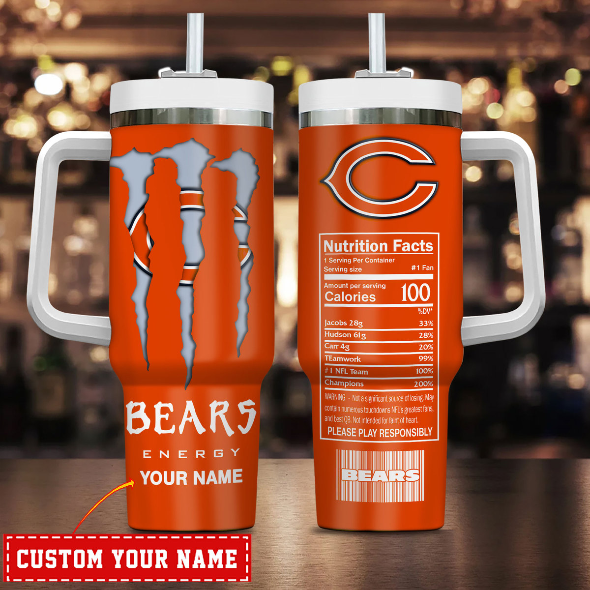 Chicago Bears NFL Energy Nutrition Facts Custom Stanley Quencher 40oz Stainless Steel Tumbler With Handle