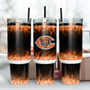 Chicago Bears NFL Fire Effect Custom Stanley Quencher 40oz Stainless Steel Tumbler With Handle