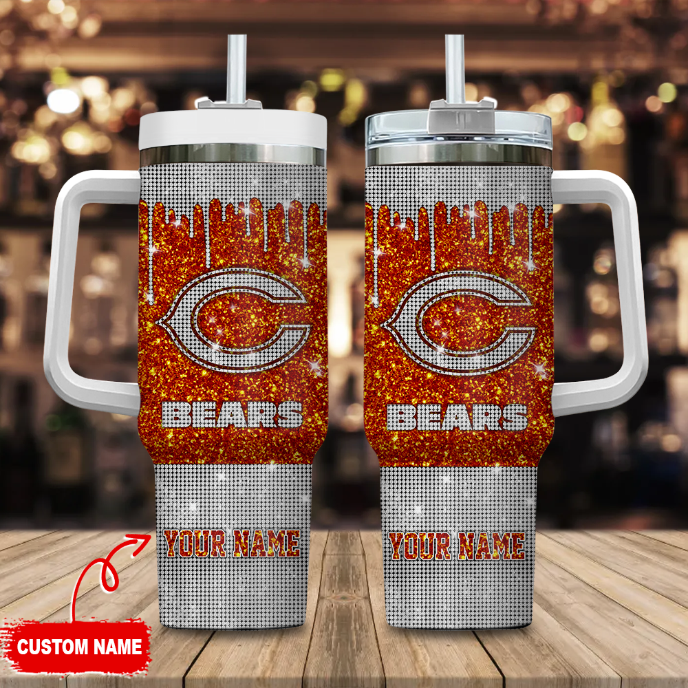 Chicago Bears NFL Glitter Custom Stanley Quencher 40oz Stainless Steel Tumbler With Handle
